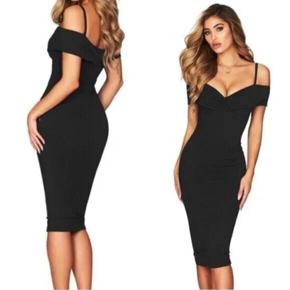 Nookie Revolve Phoenix Off Shoulder Midi Dress Black Medium - Picture 1 of 7